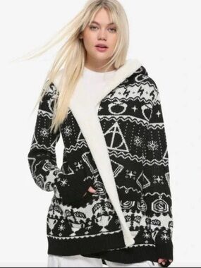 NWT Hot Topic Harry Potter Cardigan Size XL Women’s Horcrux Black White Sherpa
